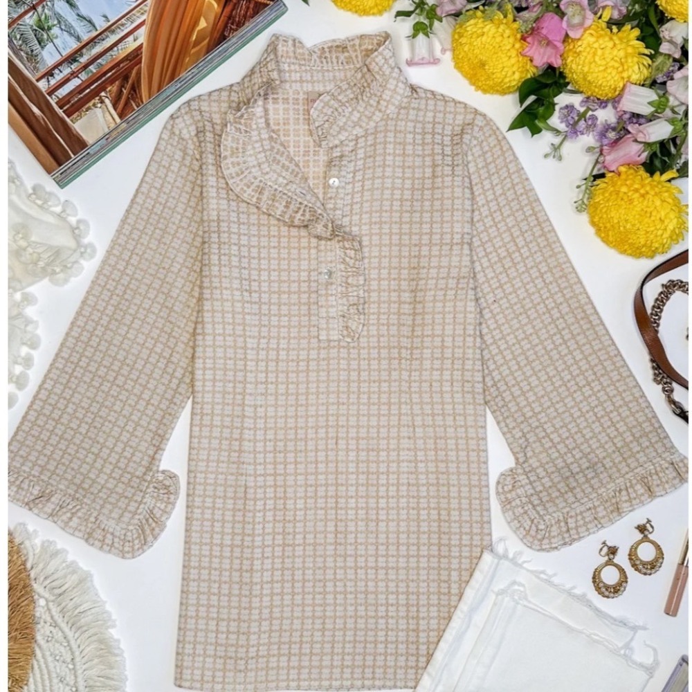 Rungolee Jaqueline Blouse Tan White Ruffle Neck Cotton Top Large